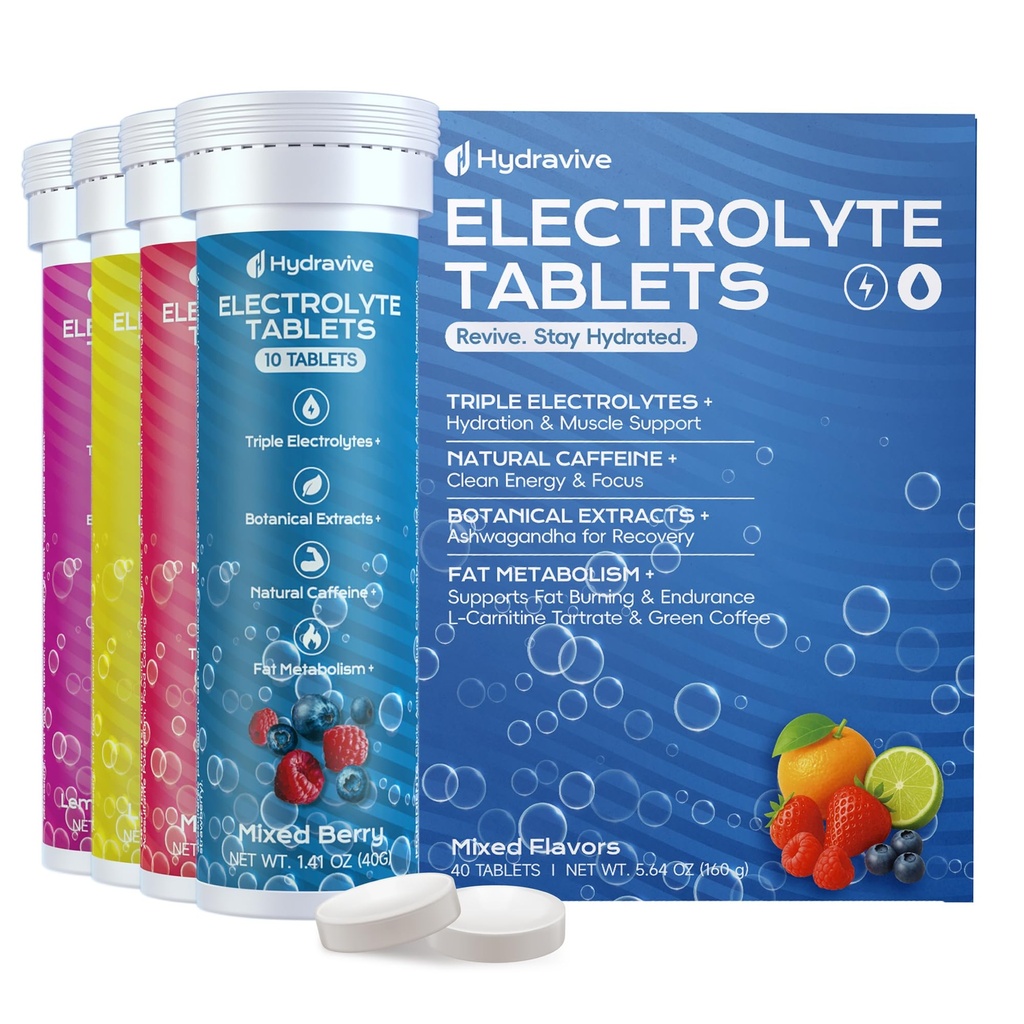 Electrolyte Tablets Sugar Free, Hydration Electrolyte Tablets, Sodium, Potassium, Magnesium, Calcium, Green Tea, Green Coffee, Ashwagandha, Zero Sugar Hydration Drink Variety (40 Servings)