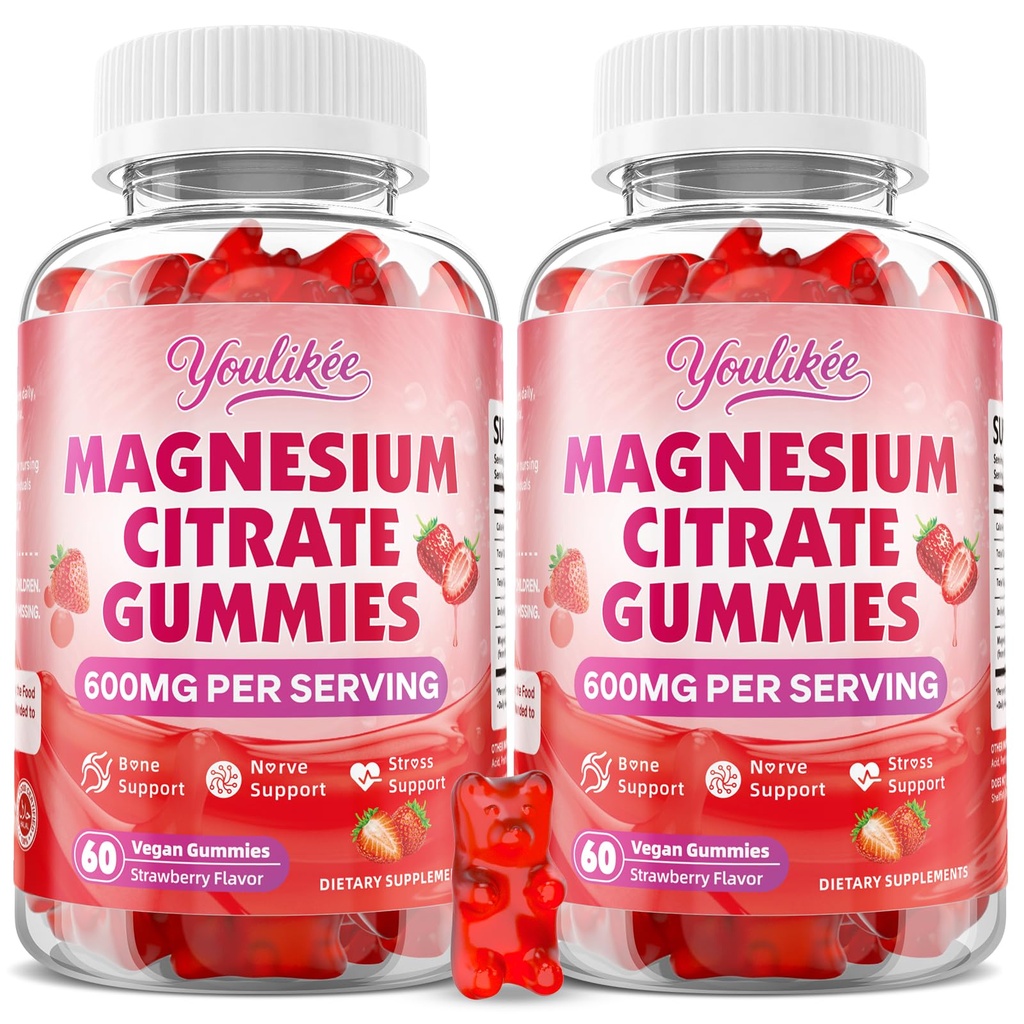 2 Pack Magnesium Citrate Gummies, High Absorption Magnesium Gummies for Adults, Magnesium Supplement to Support Natural Relaxation, Vegan, Sugar-Free, Strawberry Flavor, 120 Count