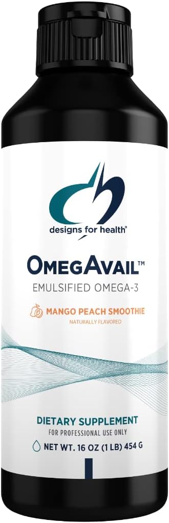 Designs für Gesundheit OmegAvail Smoothie - Omega 3 TG Triglycerid Fish Oil Emulsion mit DHA + EPA - Flüssige Ergänzung für Herz-Kreislauf-Unterstützung, Mango Peach Flavor (43 Servietten / 16oz)