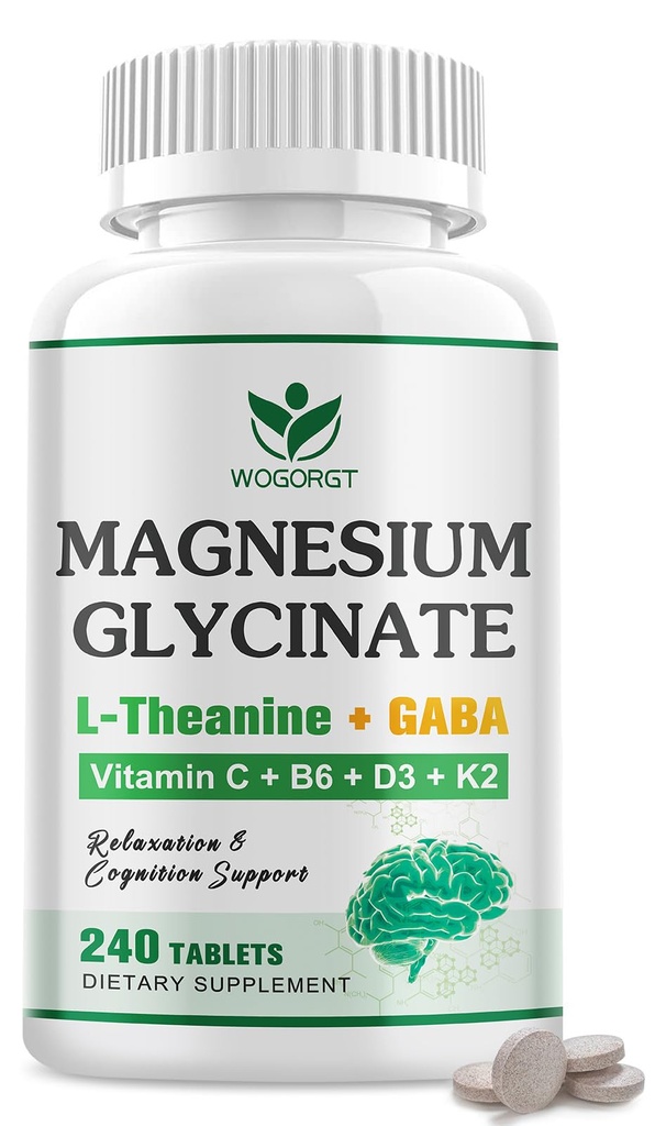 Magnesium Glycinate and L-Theanine Supplement - Relaxation & Cognition Support - 400mg Magnesium Supplement with L-Theanine, GABA, Chamomile, B6, D3 & K2 for Adults & Teens, Vegan - 240 Tablets