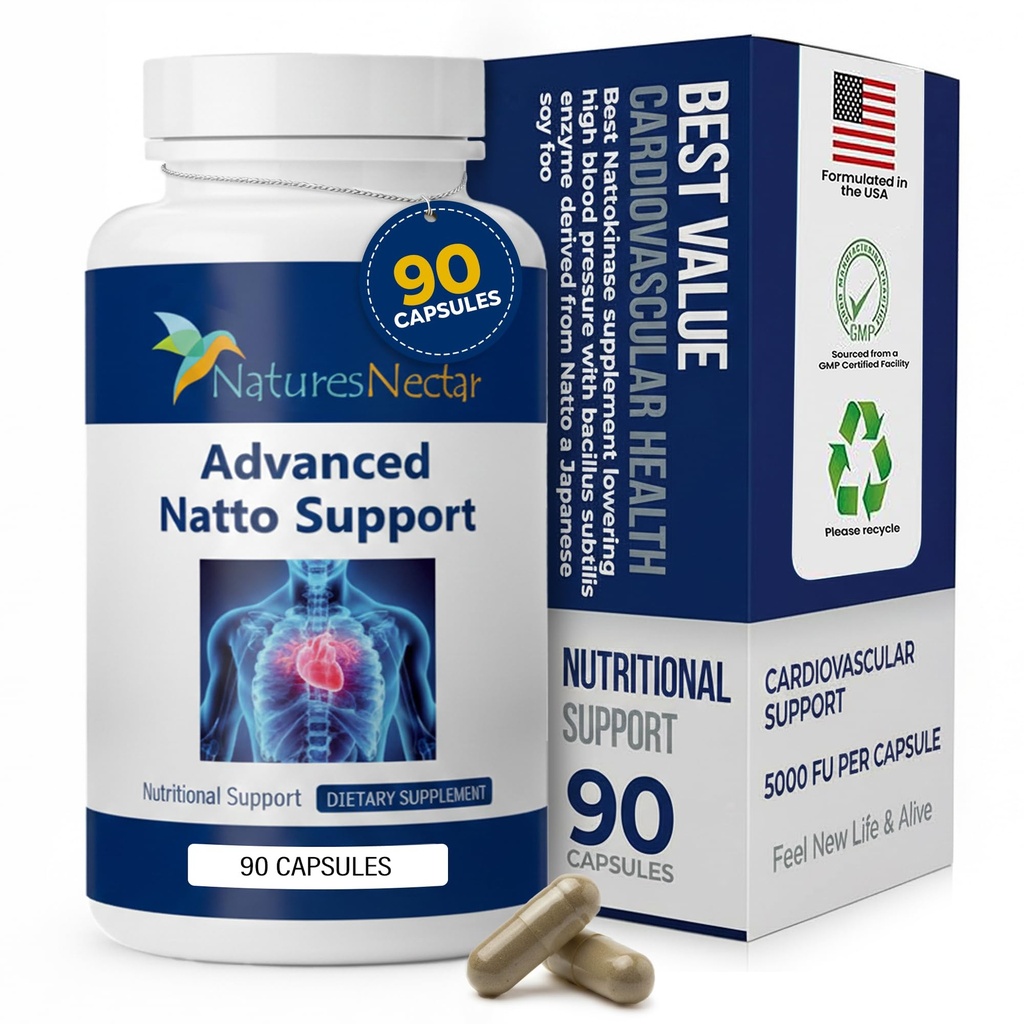 Nature's Nectar Organic Nattokinase supplement 250mg – Double Strength Nattokinase 5000 fu Natural Blood Thinner Supports Cardiovascular & Blood Circulation Health – Non GMO & Gluten Free, 90 Capsules