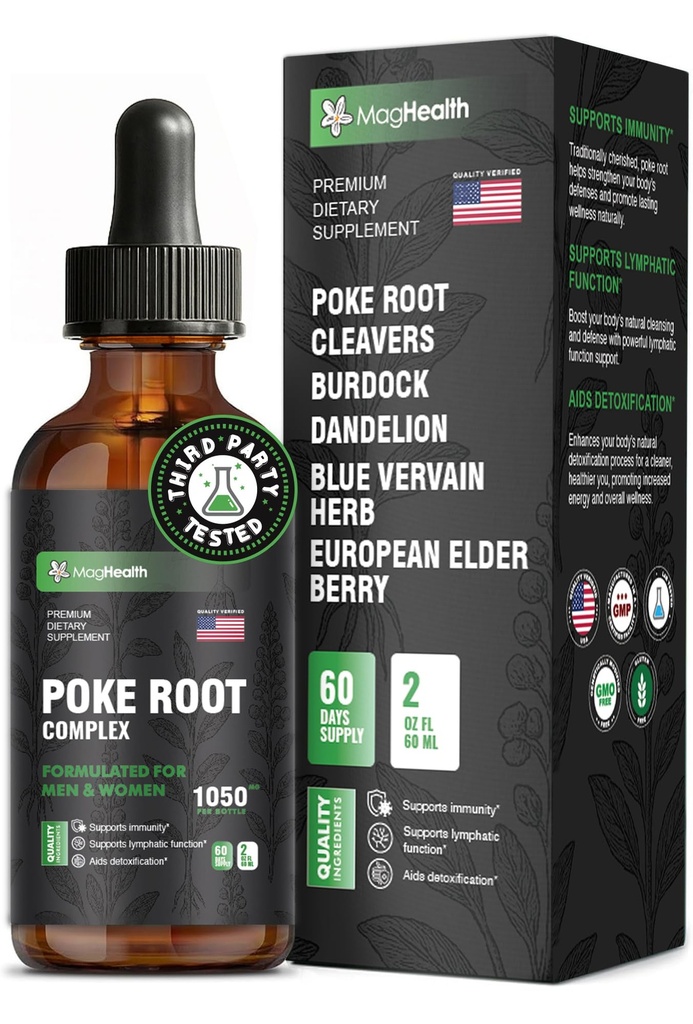 Poke Root Complex Drops 6-in-1 Tincture | 3rd Party Tested Immune & Lymphatic System Support Liquid | Cleavers, Dandelion, Elderberry, Burdock & Blue Vervain | 2 oz (60 Servings)