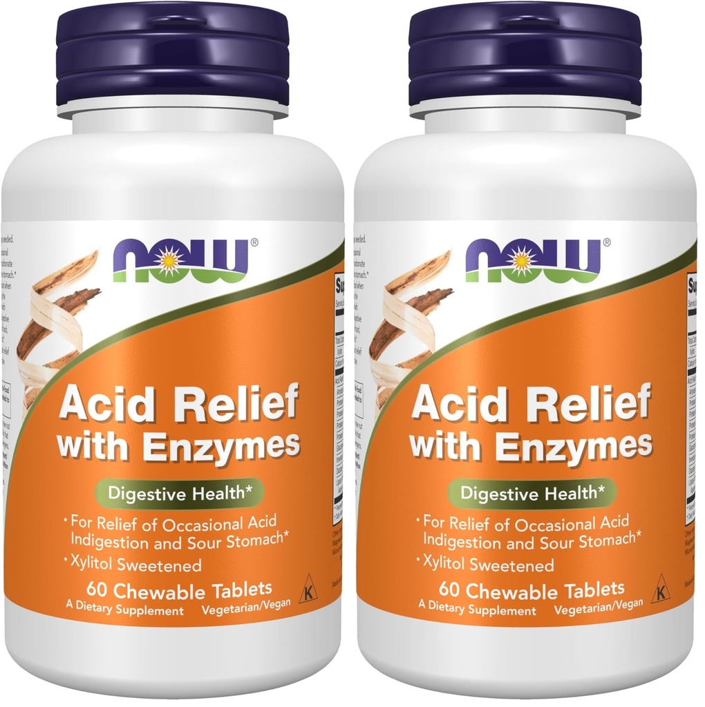 NOW Foods Supplements, Acid Relief with Enzymes, Xylitol Sweetened, Digestive Health*, 60 Chewables (Pack of 2)