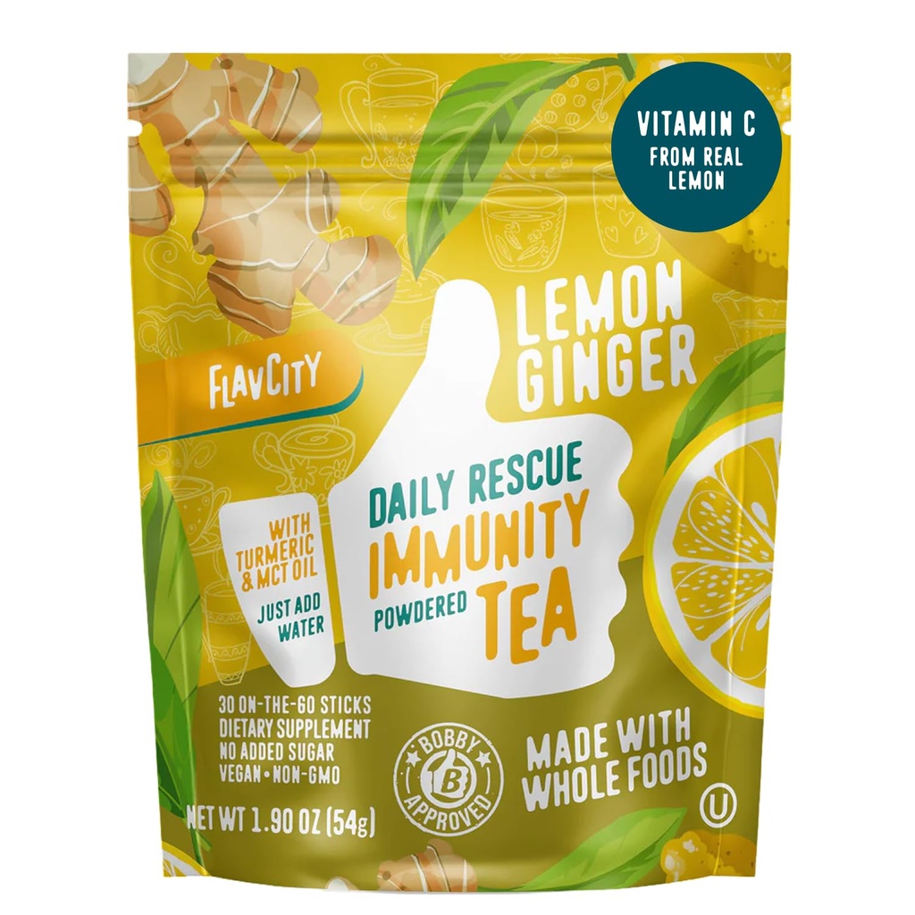 FlavCity Immunity Tea Powder - Ginger, Turmeric, & Lemon Herbal Tea for Immune Support - Non GMO & Sugar Free (30 Stick Packs)