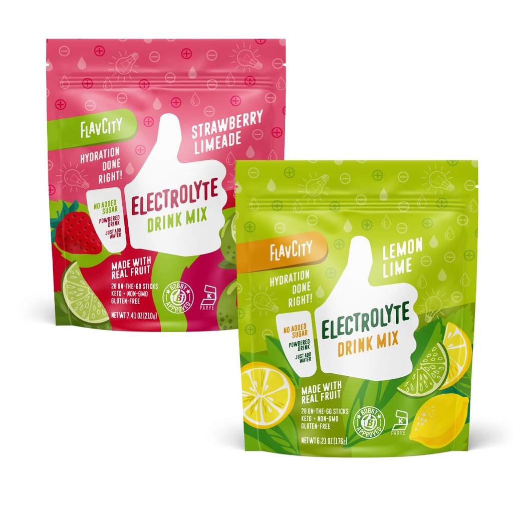 FlavCity Electrolytes Powder Packets Lemon Lime & Strawberry Limeade Bundle - Hydration Powder with Real Fruit & Unrefined Sea Salt - Keto & Gluten-Free (28 Hydration Packets Each)