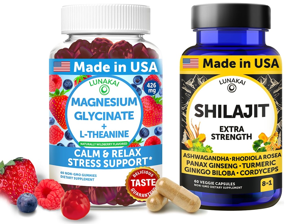 Lunakai USA Made Magnesium Glycinate Gummies & Shilajit Capsules Bundle – Stress Support & Energy Wellness