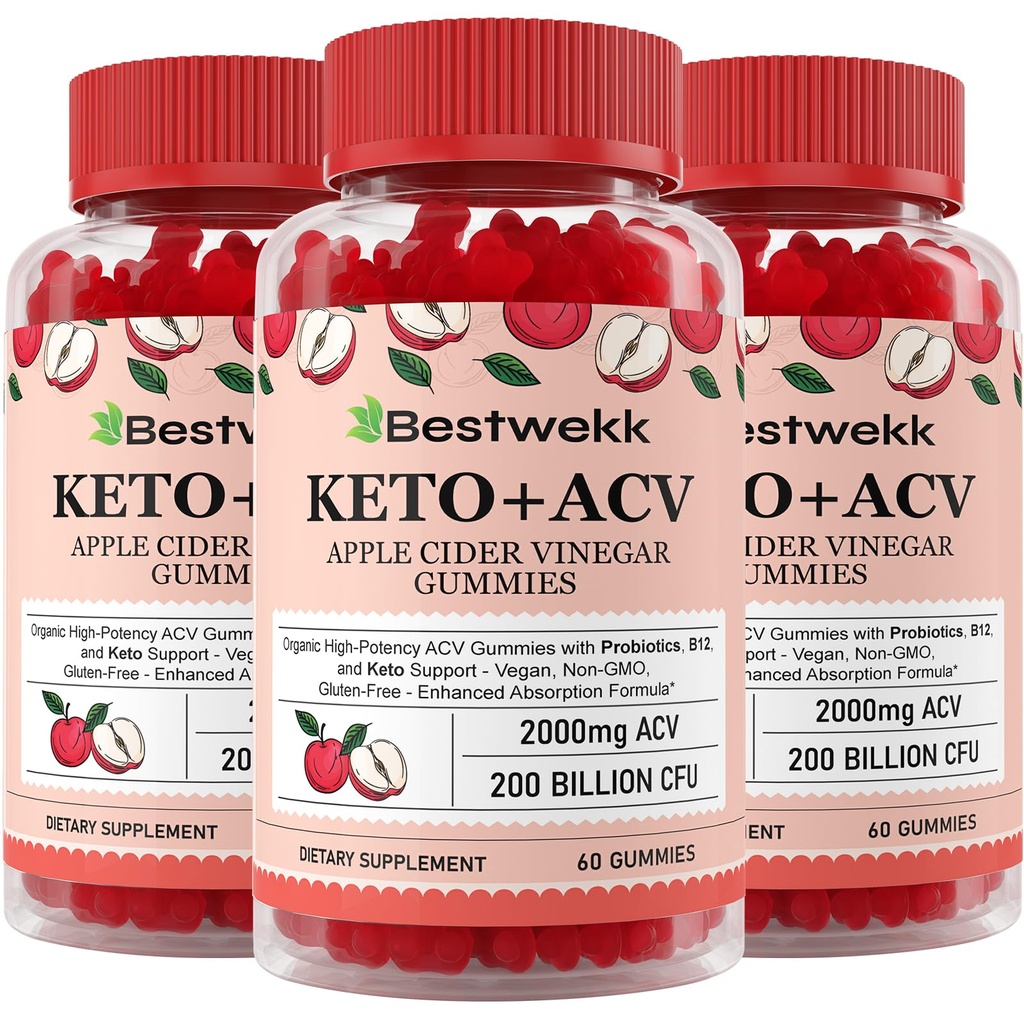 Apple Cider Essiggummis, Max Strength 2000mg ACV Gummy mit Probiotics, B12 und Keto-Unterstützung, Für Verdauung, Stoffwechsel, Detox, Gut & Immune Gesundheit, Gelatin-Free, Non-GMO, 180 Keto Acv Gummis