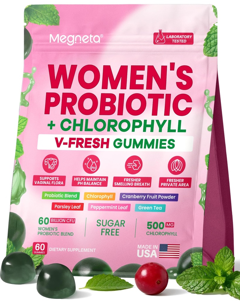 Vaginal Probiotic Gummies for Women – 60 Billion CFU with GR-1 & RC-14 Strains, Prebiotics, Cranberry PACs, Chlorophyll for pH Balance, Vaginal Health, Odor & Urinary Support, Sugar Free, 60 Count