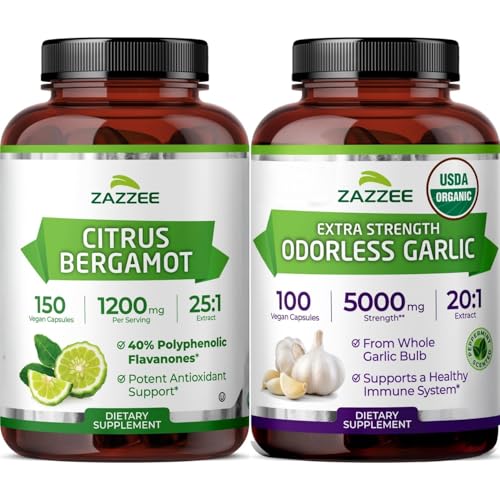Zazzee Herbal Healthy Heart Support Bundle | Antioxidant Rich USDA Organic Odorless Garlic Extract with Super Concentrated Citrus Bergamot Capsules | Non-GMO Vegan & ISO Lab Tested