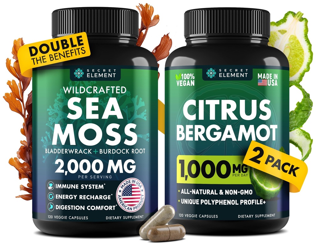 Citrus Bergamot & Sea Moss Capsules Bundle - Support Heart Wellness, Boost Immunity & Energy, Promote Healthy Aging, Enhance Overall Wellness - 240 Vegan Capsules