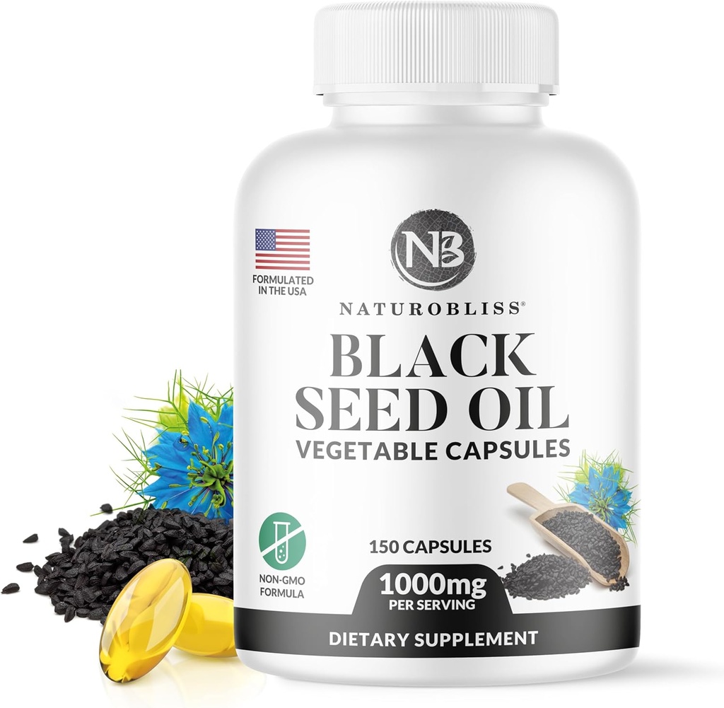 NaturoBliss Black Seed Oil - 150 Softgel Capsules Hautgesundheit (Non-GMO & Vegan) Premium Cold-Pressed Nigella Sativa Producing Pure Black Cumin Seed Oil - 1000mg Pro 2 Kapsel Servieren - 75 Servierungen