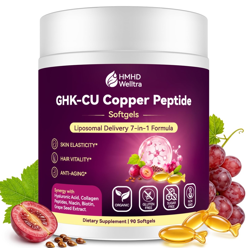 GHK-CU Peptide Supplement Softgels, Premium 6-in-1 GHK CU Copper Peptides w. Marine Collagen Hyaluronic Acid Biotin for Anti-Aging, Skin Hair Growth Support, Liposomal for Bioavailability丨Women Men