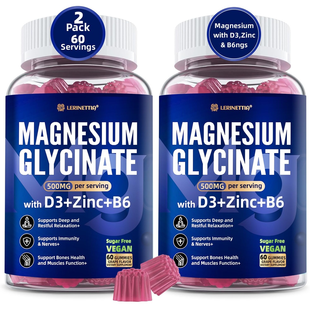 Magnesium Glycinate 500mg/250mg für Erwachsene Teens - Plus D3,B6 & Zink - Magnesium Glycinate Gummis, Hohe Absorption - Unterstützung für Entspannung,Brain,Bone & Immunität Gesundheit - Zuckerfrei - 120Cts