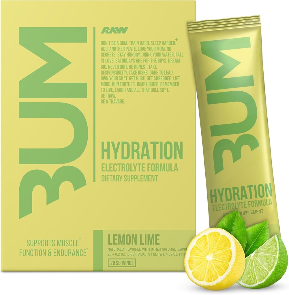 RAW Elektrolyte Pulver Hydration Getränke Mix Packets, Bum Hydrate (Lemon Lime, 20 Portionen) - Elektrolyt Hydration Packets unterstützt Muskelfunktion & Endurance - Keto freie Elektrolyte Pulverpackets