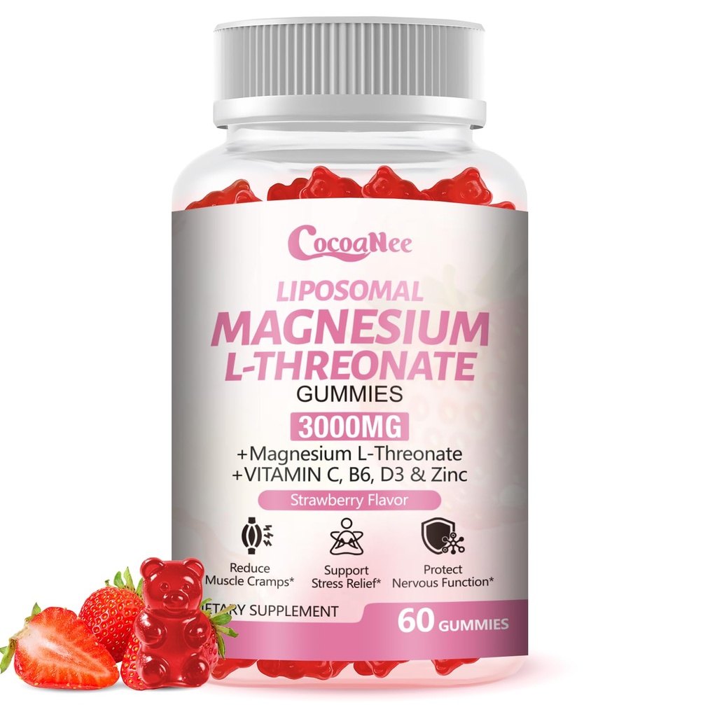 3000mg Liposomal Magnesium Threonate Gummies, Magnesium Glycinate Supplements, Liposomal Enhance 98% Absorption, Muscle Relaxation, Calm Mood Support & Energy Support for Adults, Strawberry Flavor
