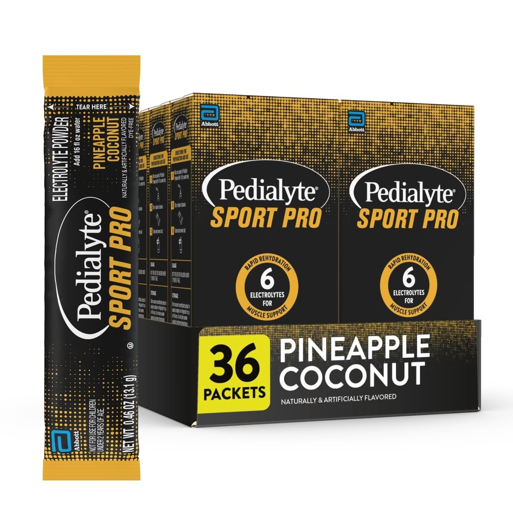 Pedialyte Sport Pro Electrolyte Powder, 6 Key Electrolytes for Muscle Support, Fast Hydration for Before, During, & After Exercise, Pineapple Coconut, 36 Powder Packets