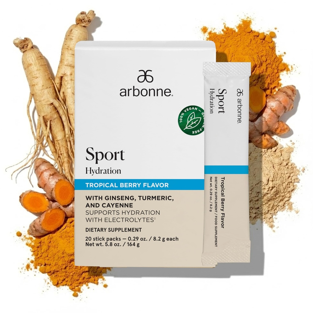 Arbonne Sport Hydration Drink Mix, Tropical Berry Flavor, Electrolyte Powder Sticks, 20 Count