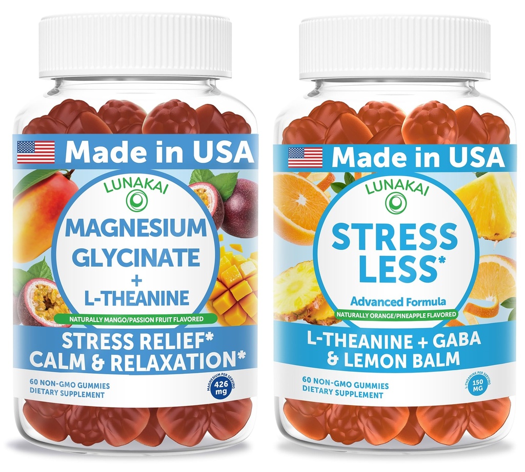 Lunakai USA Made Magnesium Glycinate with L-Theanine + Stress Less Gummies Bundle – Naturally Flavored, Non-GMO – 60ct Each