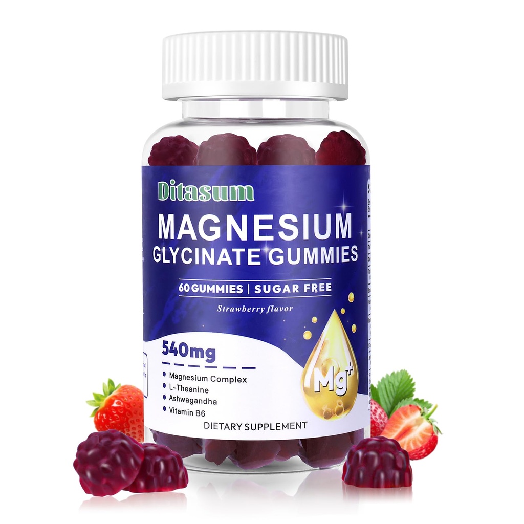 Magnesium Glycinate Gummies with L-Threonate, Vitamin B6, Ashwagandha 540mg per Serving, Sugar Free, Vegan, Relaxation & Nighttime Support, Strawberry Flavor, 60 Gummies