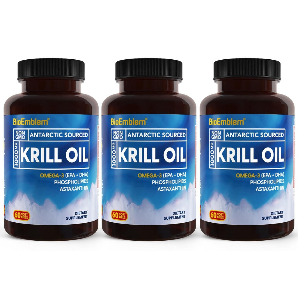 BioEmblem 3 Pack Antarktis Krill Öl 1000mg Softgels, Omega-3s Öl mit hohen Ebenen von EPA + DHA, Astaxanthin und Phospholipide, unterstützt Gehirngesundheit, 180-Count Non-GMO, Glutenfrei, 90 Tage Versorgung