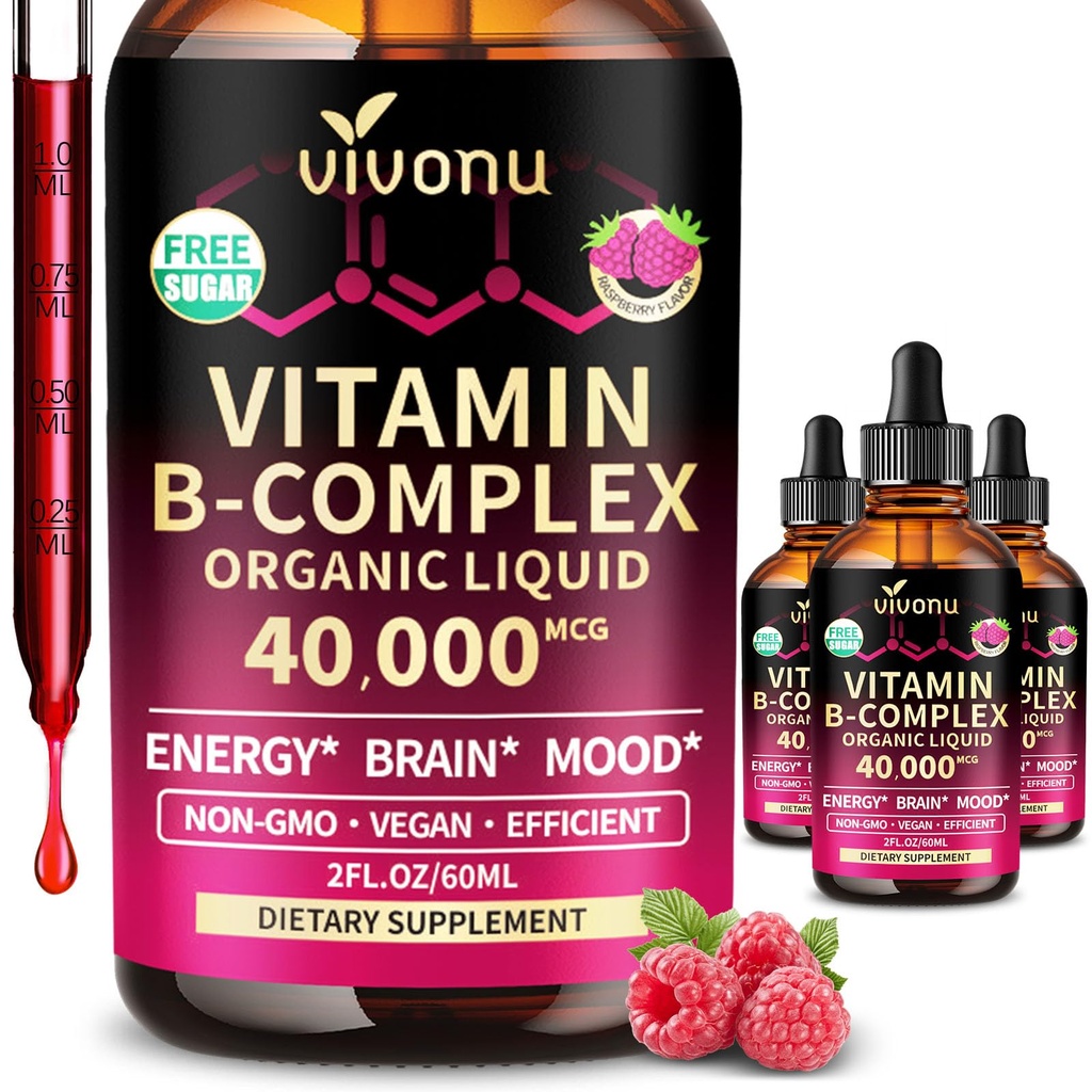 VivoNu Vitamin B Complex Liquid Drops, Methylated Vitamin B12 6000 mcg, B1, B6, B3, B5, B2, Folate, Biotin with Vitamin C D A E, Magnesium, Zinc, CoQ10 for Energy (3 Bottle)