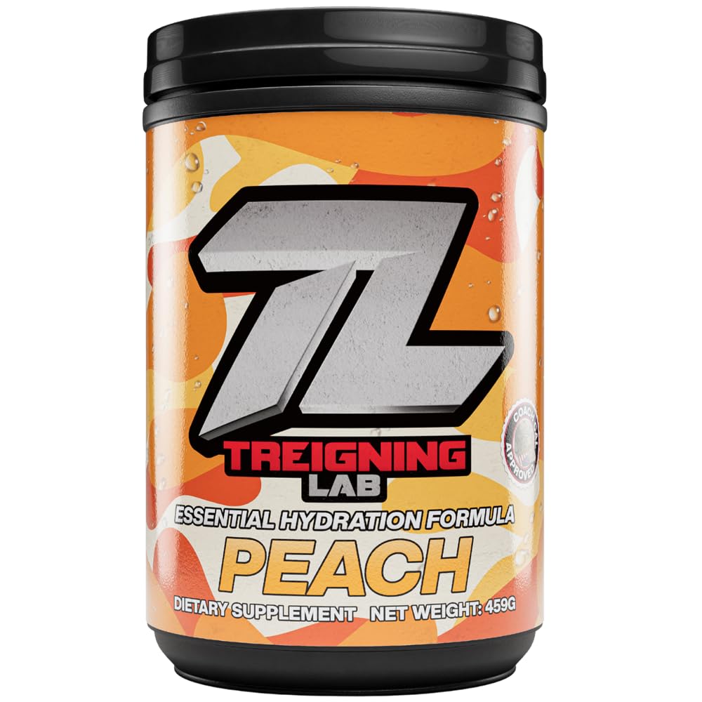 Treigning Lab Hydration Electrolyte Powder, Sugar‑Free, Sam Calavitta “Coach Cal” Approved Drink Mix with 6 Key Electrolytes, USA Made, Keto Friendly, Vegan, Non-GMO, Peach, 90‑Servings