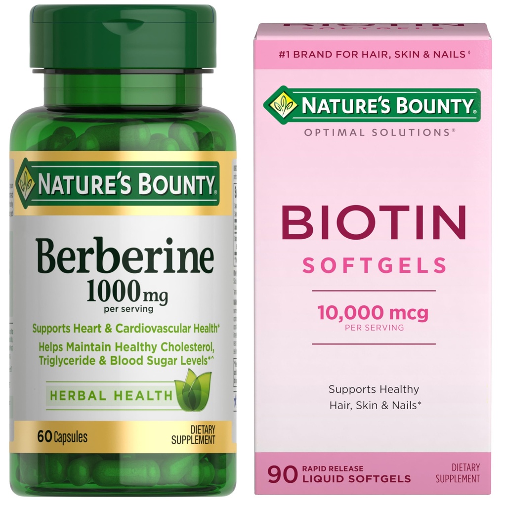 Nature's Bounty Berberine 1000mg Capsules for Blood Sugar & Heart Health (60 Count) + Biotin 10,000mcg for Healthy Hair, Skin & Nails (90 Rapid Release Softgels) – Complete Wellness Bundle