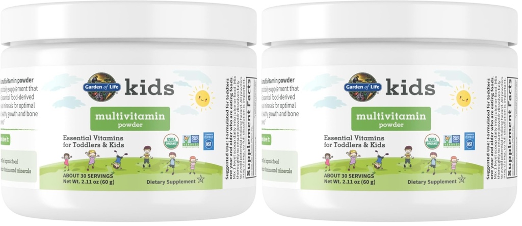 Garden of Life Kids Multivitamin Powder,Daily Vitamins and Minerals for Toddlers&Kids-Organic Toddler Multi Powder with 15 Vitamin C,D3,Zinc for Healthy Growth-Gluten Free-30 Day Supply,(Pack of 2)