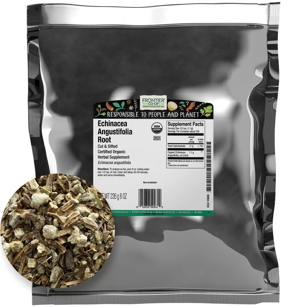Frontier Co-op Dried Echinacea Angustifolia Root, Cut and Sifted, 8oz, Certified Organic Echinacea Root - Ideal für Tee und Kräuter Heilmittel, Kosher