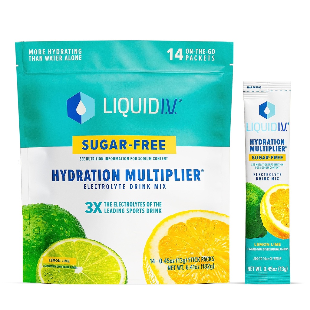 Liquid I.V.® Sugar-Free Hydration Multiplier® - Lemon Lime – Sugar-Free Hydration Powder Packets | Electrolyte Powder Drink Mix | Easy Open Single-Serving Stick | Non-GMO | 14 Servings (Pack of 12)