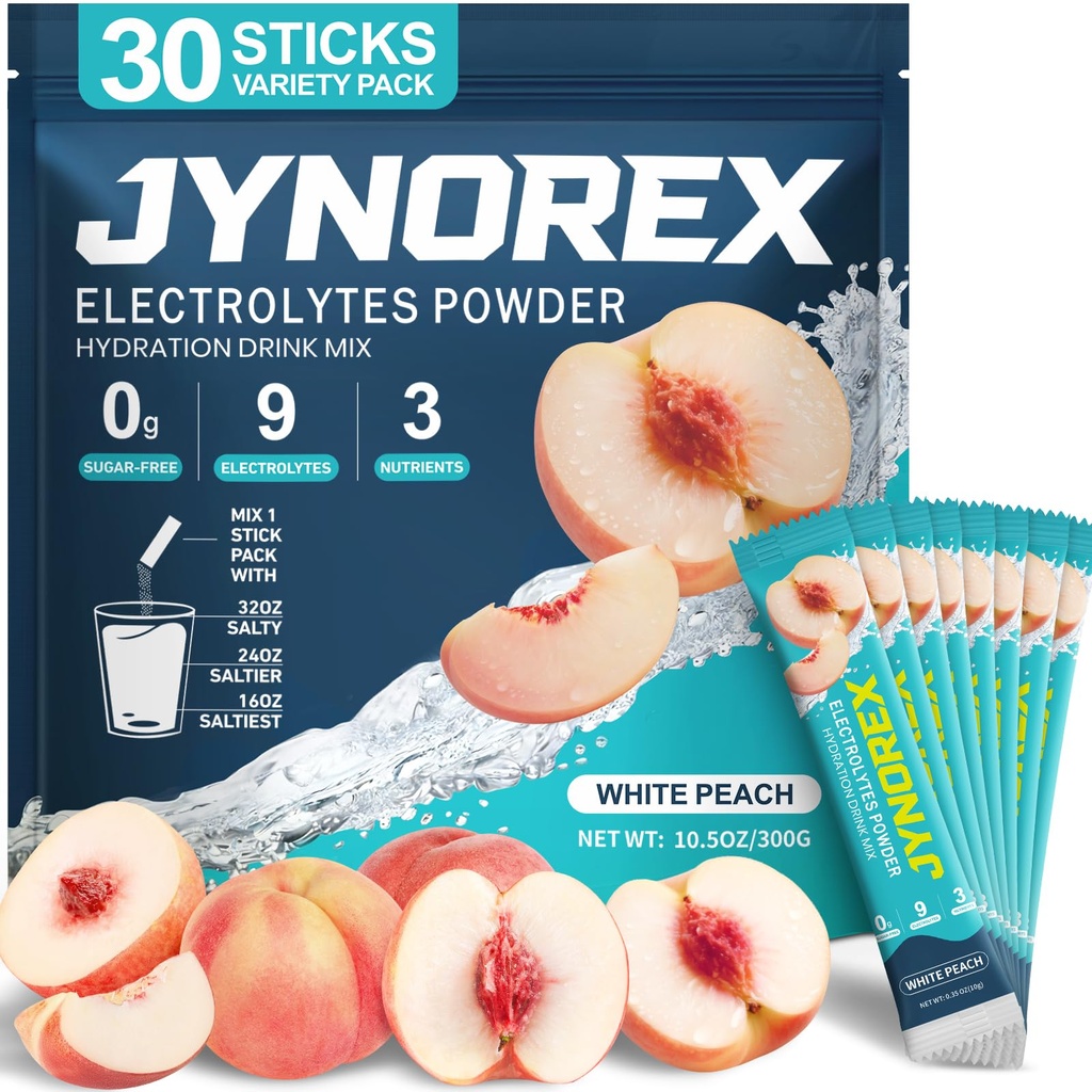 Electrolytes Powder Packets Sugar Free, 30 Sticks High Sodium Hydration Packets, Low Calorie Electrolyte Packets Drink Mix Liquid Daily IV with White Peach, 10.5OZ