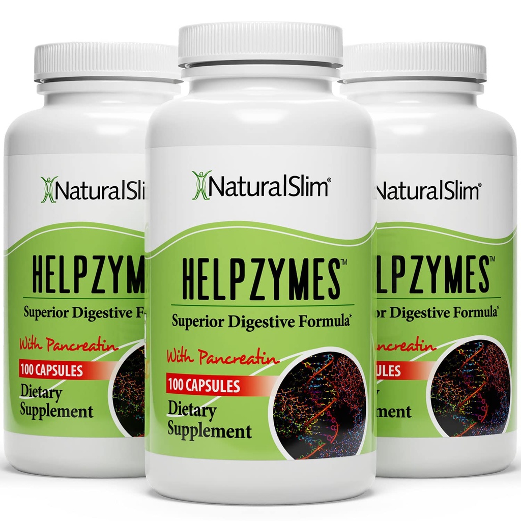 NaturalSlim Helpzymes Digestive Enzymes for Women & Men, Essential Enzymes for Digestion, Gut Health & Gas Bloating Relief with Bromelain, Ox Bile, Pancreatin & Betaine HCL, 100 Capsules – 3 Pack