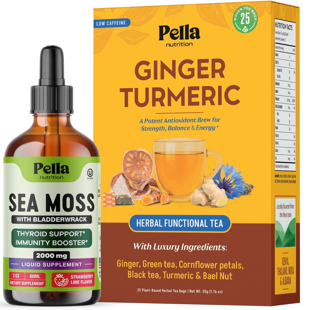 Pella Nutrition Sea Moss Drops with Bladderwrack (Strawberry Lime, 60mL) & Ginger Turmeric with Black and Green Tea (25 Tea Bags) – Vegan, Non-GMO, Gluten-Free – Supports Digestion, Balance & Wellness
