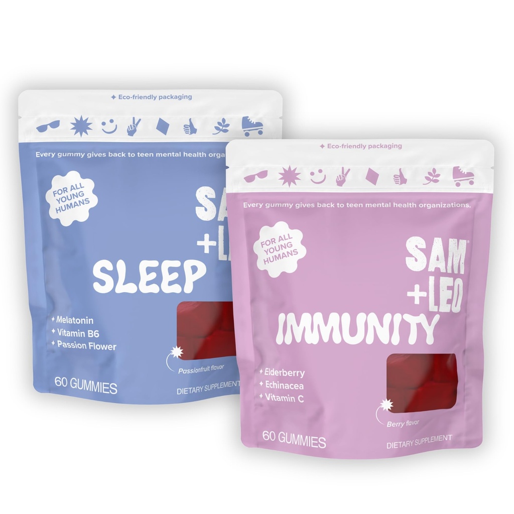 SAM+LEO Immunity & Sleep Gummies with Elderberry, Echinacea, Zinc & Melatonin for Kids & Teens - Immune Support & Restful Sleep Aid Supplement Gummies | Vegan & Gluten Free (2 Pack - 120 Count)