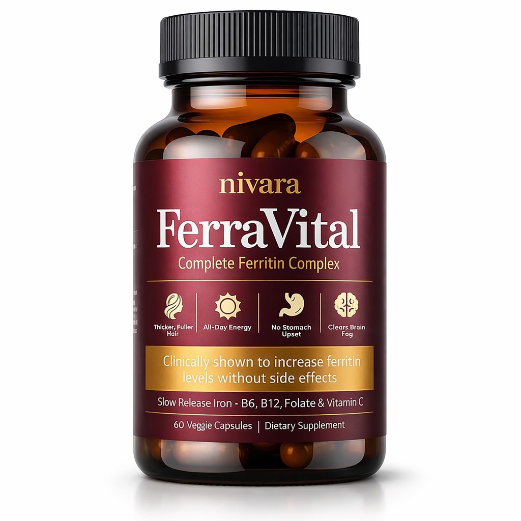 NIVARA FerraVital Ferritin Support for Women - Iron Supplement with Ferrous Glycinate, Vitamin C, B12, B6, Folate & Zinc, Supports Healthy Iron Levels & Daily Energy - 60 Capsules (1)