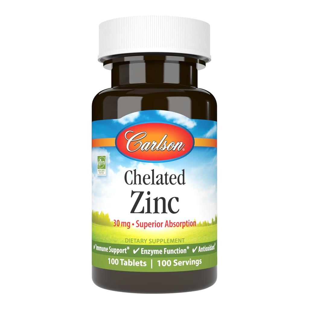 Carlson - Chelat Zink, 30 mg - Überlegene Absorption, Immununterstützung & Enzymfunktion, Antioxidans, 100 Tabletten