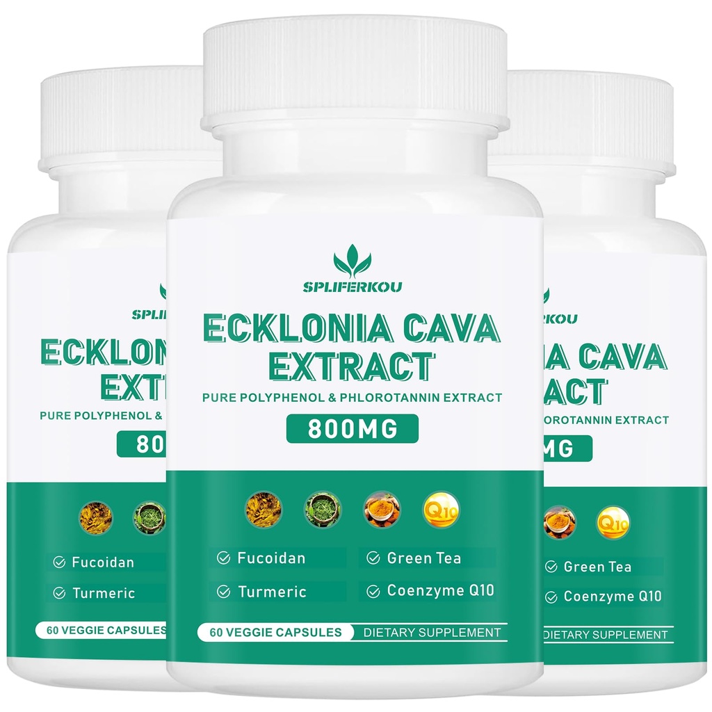 Spliferikou Ecklonia Cava Extract, 800mg, 180 Veggie Capsules with Fucoidan, Green Tea, Turmeric, CoQ10, Dietary Supplement