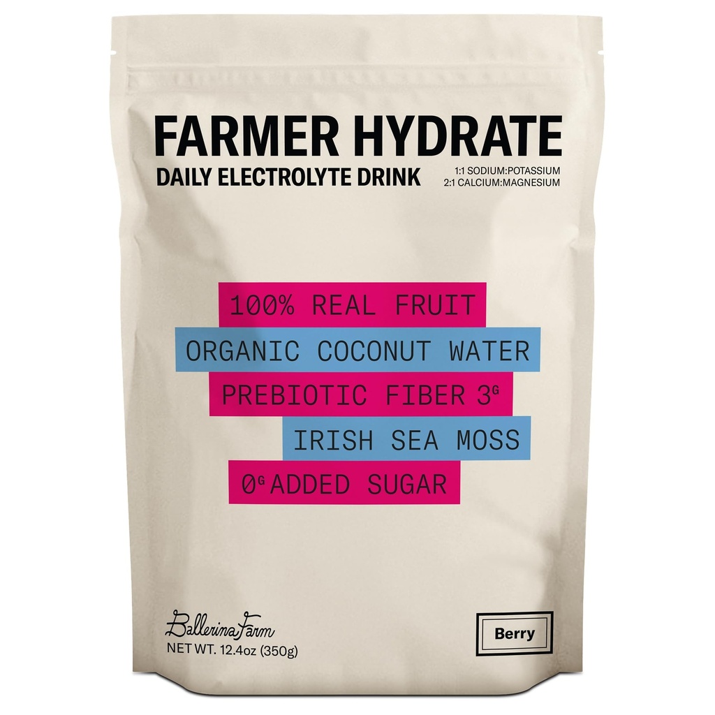 Ballerina Farm Farmer Hydrate, Daily Electrolytes Powder, Hydration Drink Mix with Organic Coconut Water, Irish Sea Moss, Sea Salt, Prebiotic Fiber, No Added Sugar, 25 Servings (Mixed Berry)
