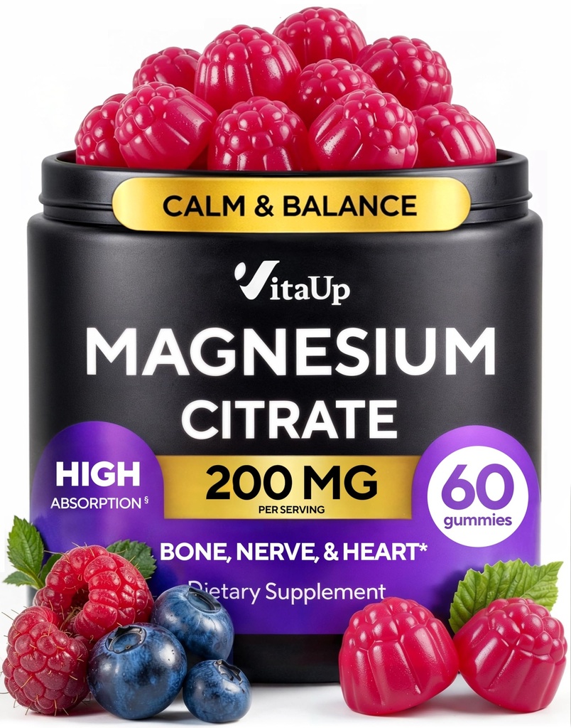 VitaUp Magnesium Citrate Gummies 200 mg – USA Made, Highly Absorbed, Magnesium for Relaxation, Deep Sleep, Bones & Heart – 200mg per Serving, 60 Count