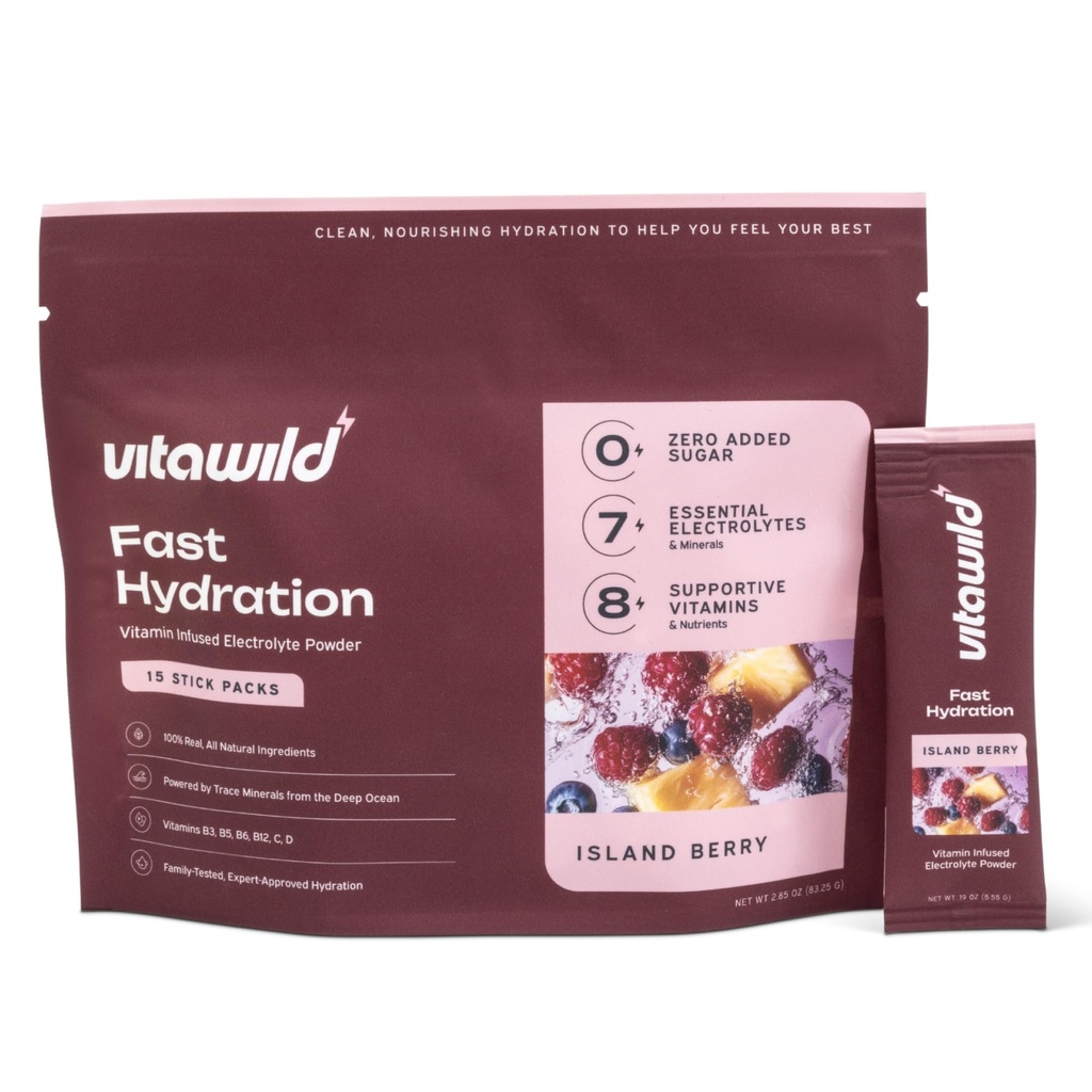 Clean Electrolytes Powder Packets No Sugar Added, 8 Vitamins & 7 Electrolytes Drink Mix Hydration Powder, Zero Sugar Added Hydrate Single Serve Travel Packs, 15 Water Hydration Packets, Island Berry