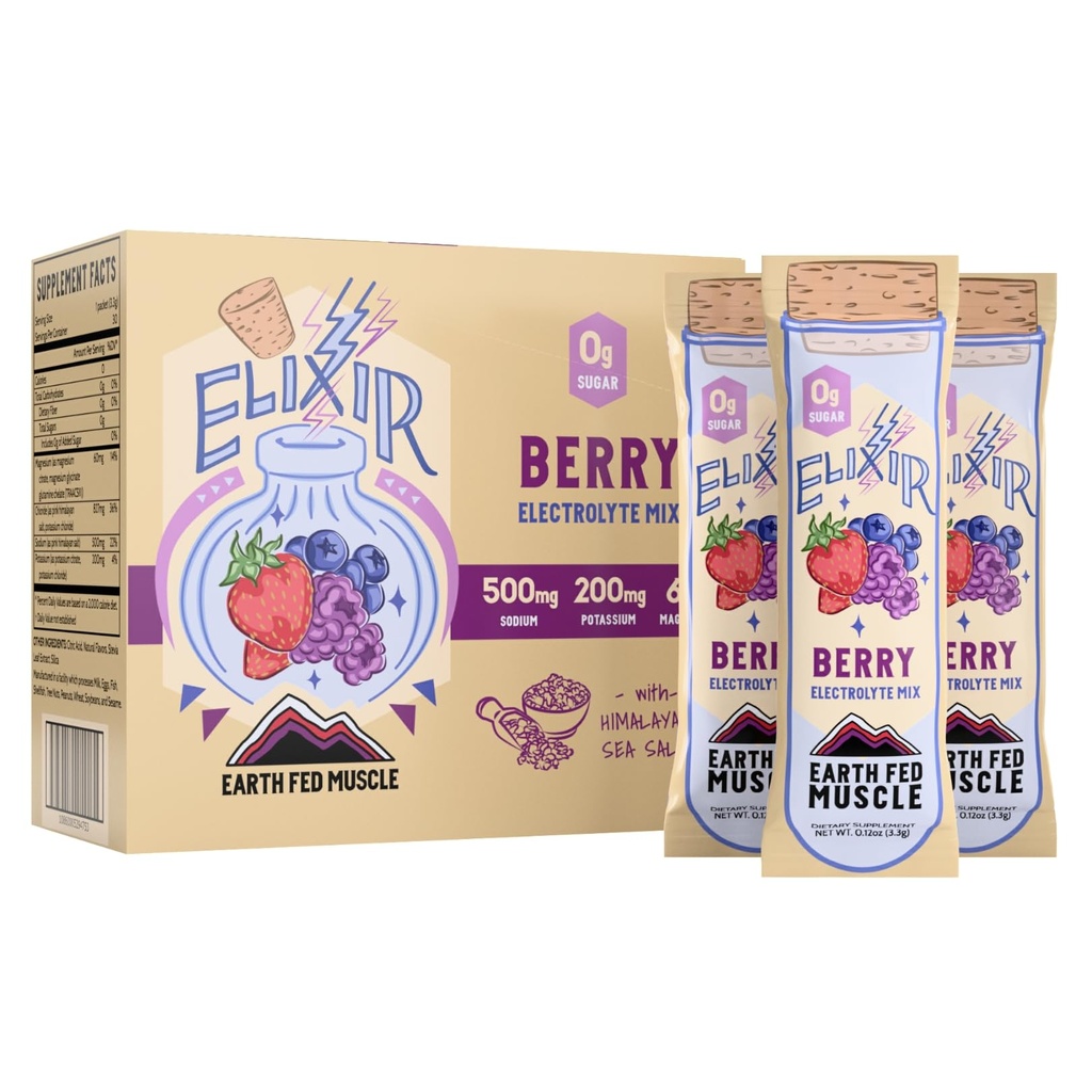 Earth Fed Muscle Elixir Electrolyte Powder Packets - Berry Flavor with Himalayan Sea Salt - Sugar Free, Stevia Sweetened - 3X Electrolytes - 30 Single Serve Hydration Drink Mix Sticks