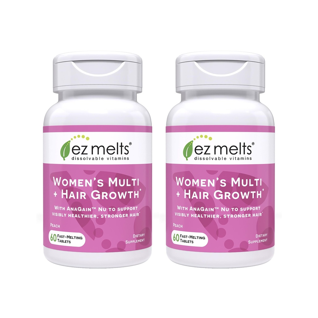 EZ Melts Women's Multi + Hair Growth - Daily Multivitamin for Women - Supports Healthy Energy Levels & Reduced Hair Shedding - Non-GMO & Vegan - Peach - 120 Dissolvable Tablets (60 Servings)
