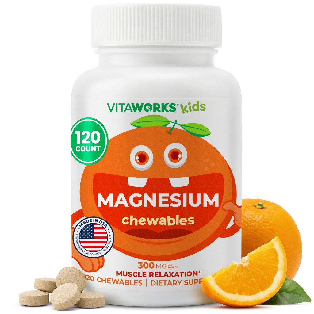 Kinder Magnesium Chewable | Große Verkostung | 300mg Magnesium Supplement | Vegan, Non GMO und Gluten Kostenlose Magnesiumoxid-Ergänzung | für Muskelfunktion | 120 Chewables | Vitaworks
