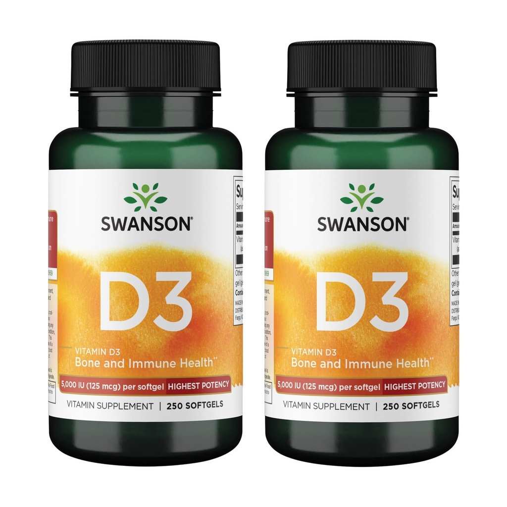 Swanson Vitamin D3 5,000 IU Bone, Immune, and Heart Health Supplement for Sun-Deprived Adults Seeking Bone, Immune, and Heart Support - 125 mcg Cholecalciferol (250 Softgels, 2 Pack)