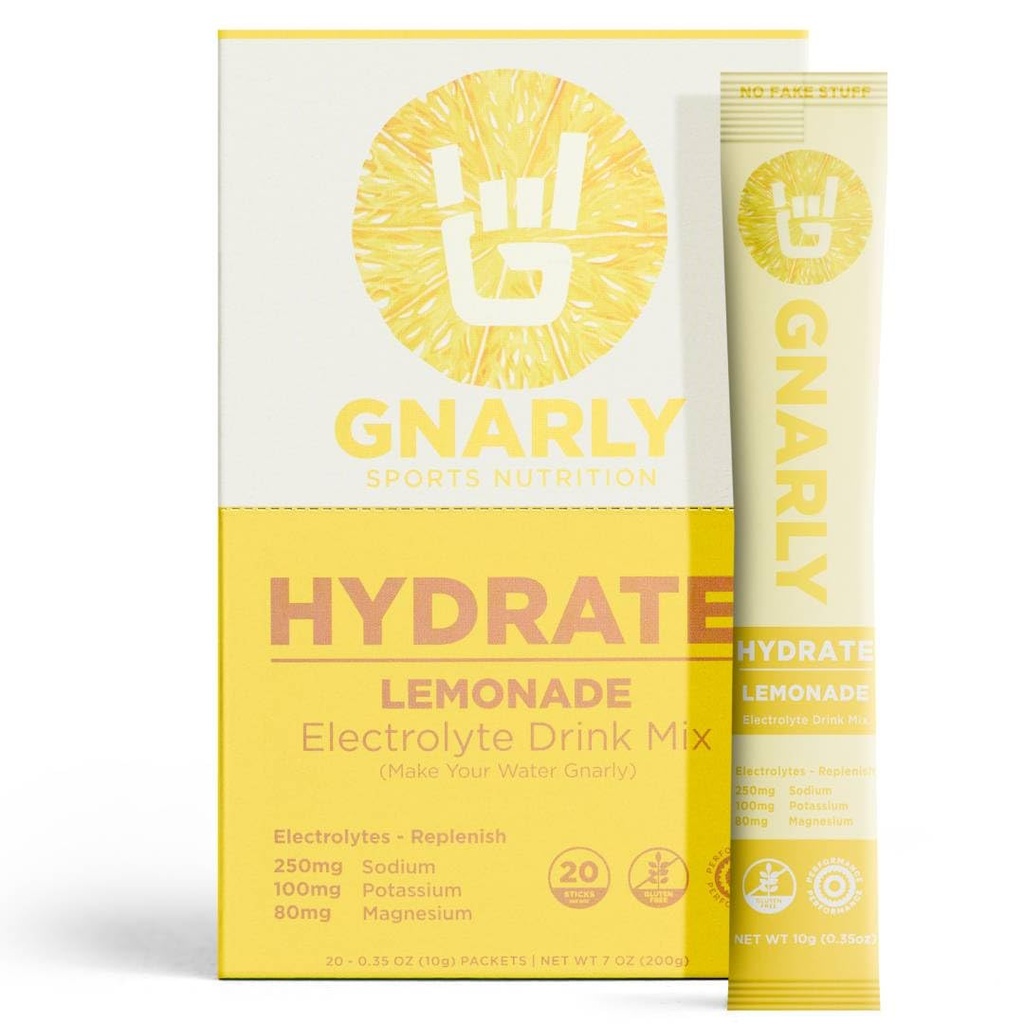 Gnarly Nutrition Hydrate Electrolyte Powder – Lemonade Exercise Hydration Drink Mix – NSF Contents Certified – Electrolyte Solution, Performance & Recovery – Lemonade, Box of 20 Stick Pack