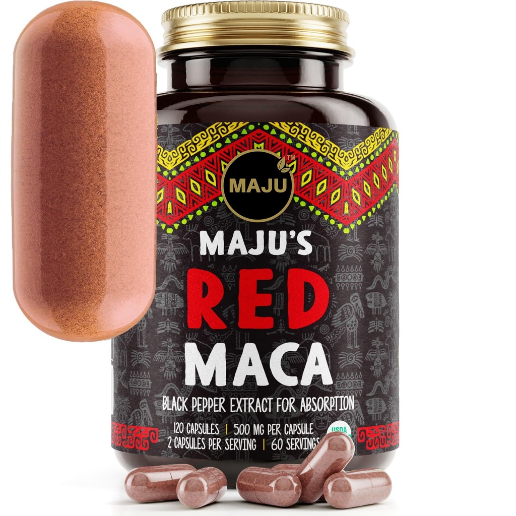 Maju Superfoods Organic Red Maca Root Capsules 120ct - Frauen konzentrierte Curve Enhancement Ernährung Booster Pillen, Gewinn für Oberschenkel, Pulver in Pillen-Ergänzung