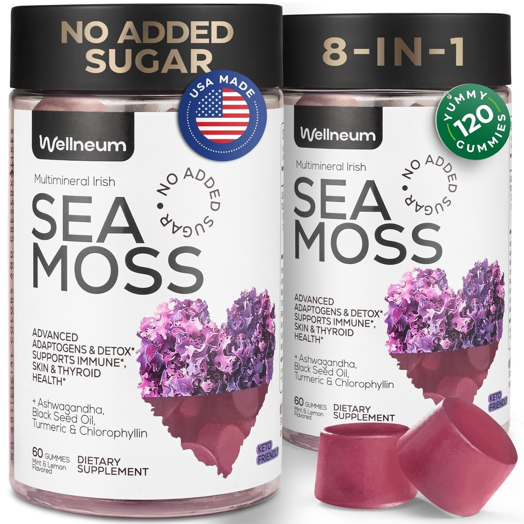 Multimineral Sea Moss Gummis 3000 Mg mit Probiotic, Bladderwrack, Black Seed Oil, Ashwagandha, Burdock Root (2 Pack) - Irish Seamoss for Immunity, Thyroid and Gut Health - Vegan, Sugar Free