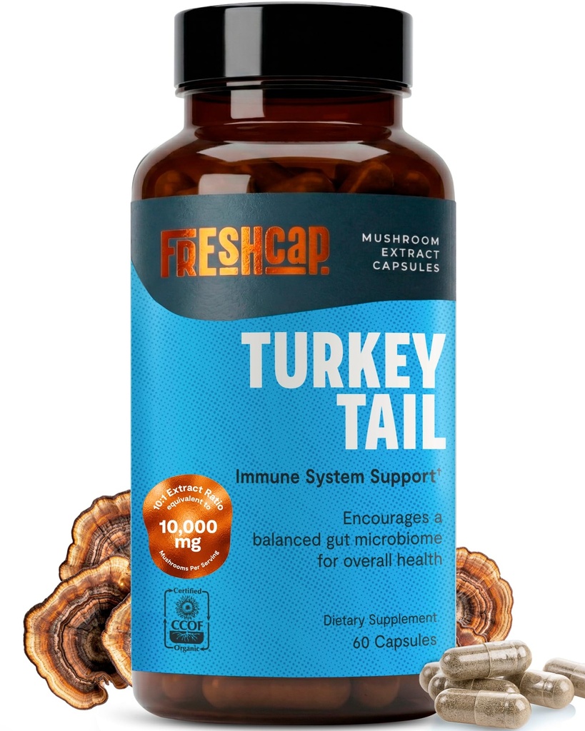 FreshCap Mushrooms Premium Organic Turkey Tail Supplement Capsules - 10:1 Fruiting Body Extract with 35% Beta-Glucans - 3rd-Party Tested - Supports Daily Immunity and Gut Resilience (60 Capsules)