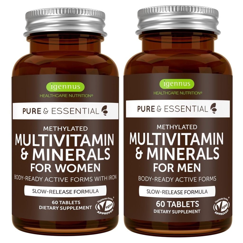 Igennus Methylated Multivitamin for Men & Women 2-Pack, All-Day Nutrient Delivery, Pure & Clean, Methylfolate & Methylcobalamin, High Strength MTHFR Supplement, Non-GMO & Halal, 30 Day Supply