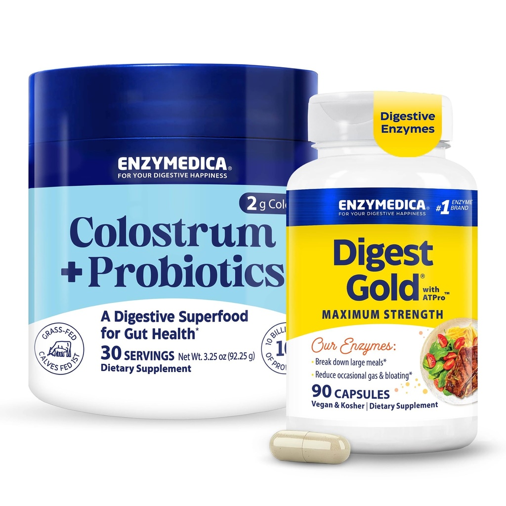 Enzymedica Colostrum + Probiotics Powder & Digest Gold Digestive Enzyme Supplement - Grass Fed Bovine Colostrum for Women & Men, Enzyme Capsules for Digestion, Gut Health Support - Pack of 2